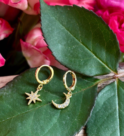 14ct Gold Plated Mismatched Cubic Zirconia Star And Moon Huggie Earrings