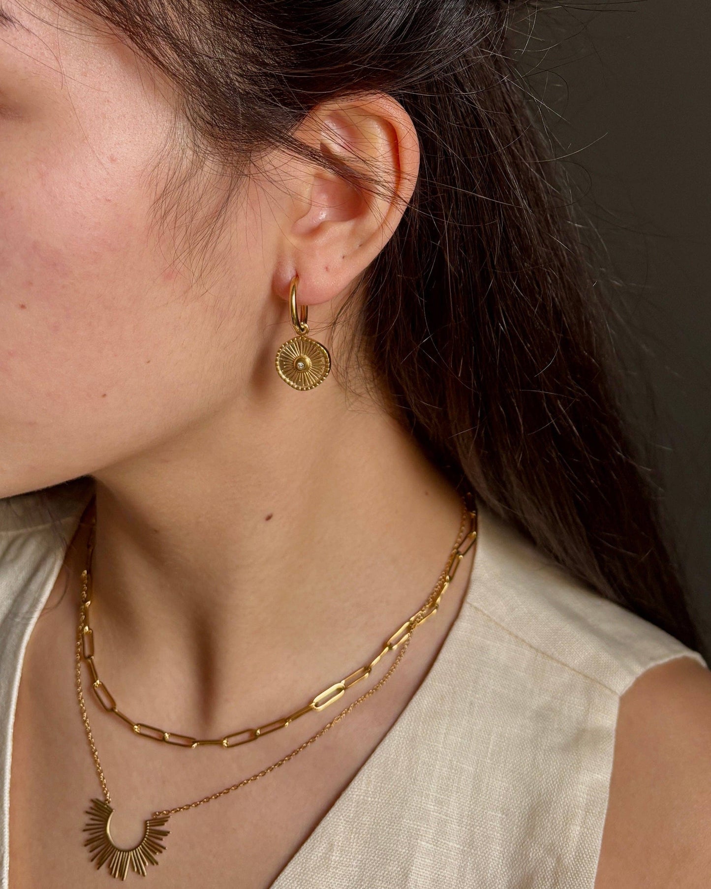 18ct Gold Plated Cubic Zirconia Sun Disc Huggie Earrings