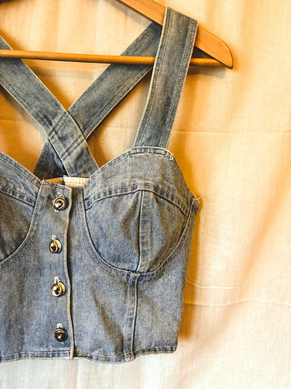 Vintage 80s Patty’s Denim Bustier Crop Top – Made in USA (Size L)
