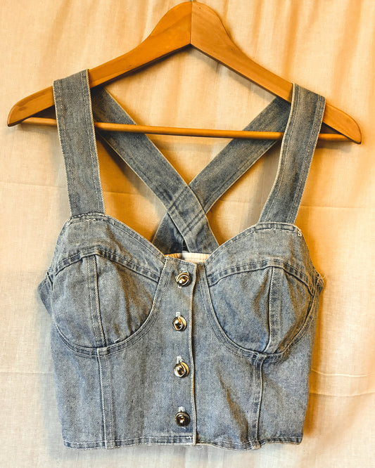 Vintage 80s Patty’s Denim Bustier Crop Top – Made in USA (Size L)