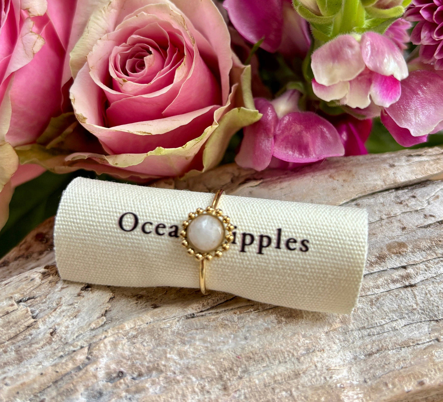 18ct Gold Plated White Jade Flower Ring