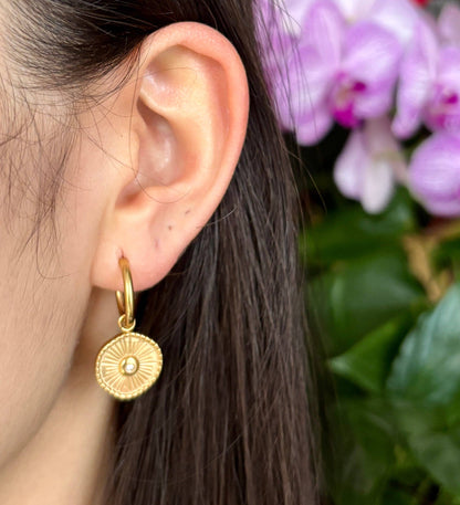 18ct Gold Plated Cubic Zirconia Sun Disc Huggie Earrings