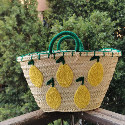 Handwoven Lemon Straw Basket Bag – Embroidered Fruit Design with Green Handles
