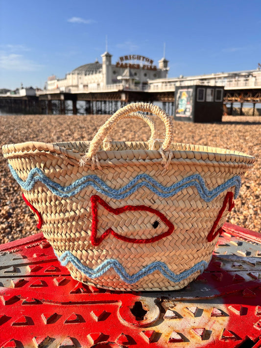 Handwoven Straw Bag with Embroidered Fish – Artisan Wicker Basket - I'd Wear That