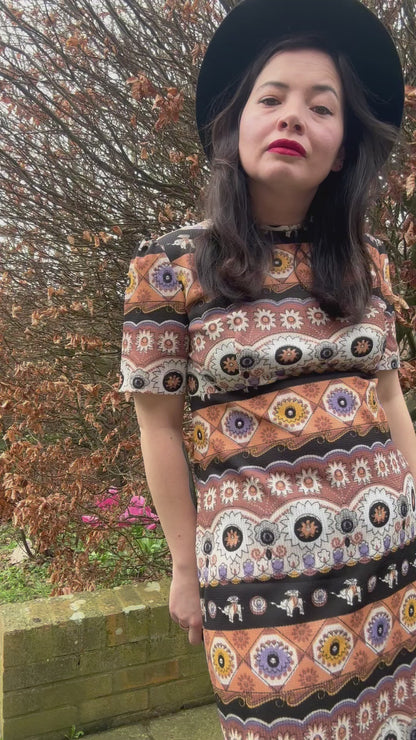 video of Vintage 1970s Printed Maxi Dress – Boho Folk Pattern