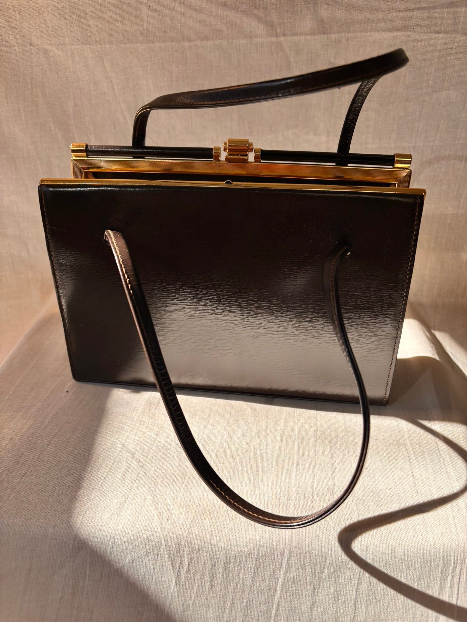 Vintage 1960s Chocolate Brown Leather Structured Handbag with Gold Frame - I'd Wear That