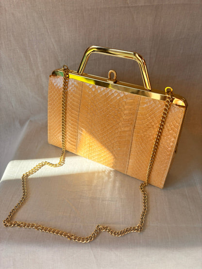 Vintage 1960s/1970s Genuine Snakeskin Clutch Bag with Gold Chain - I'd Wear That