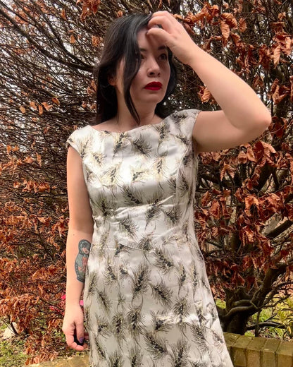 Vintage Silver Brocade Cocktail Dress with Feather Motif - I'd Wear That