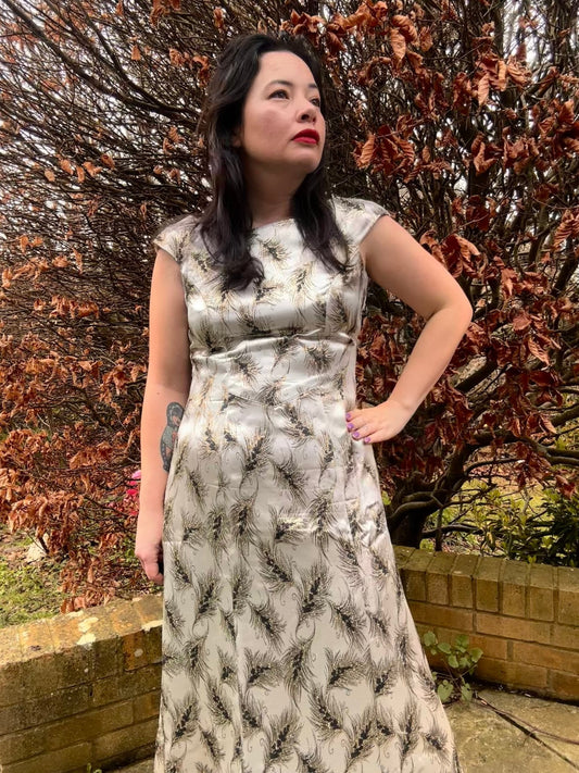 Vintage Silver Brocade Cocktail Dress with Feather Motif - I'd Wear That