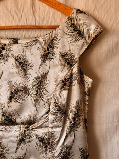 Vintage Silver Brocade Cocktail Dress with Feather Motif - I'd Wear That