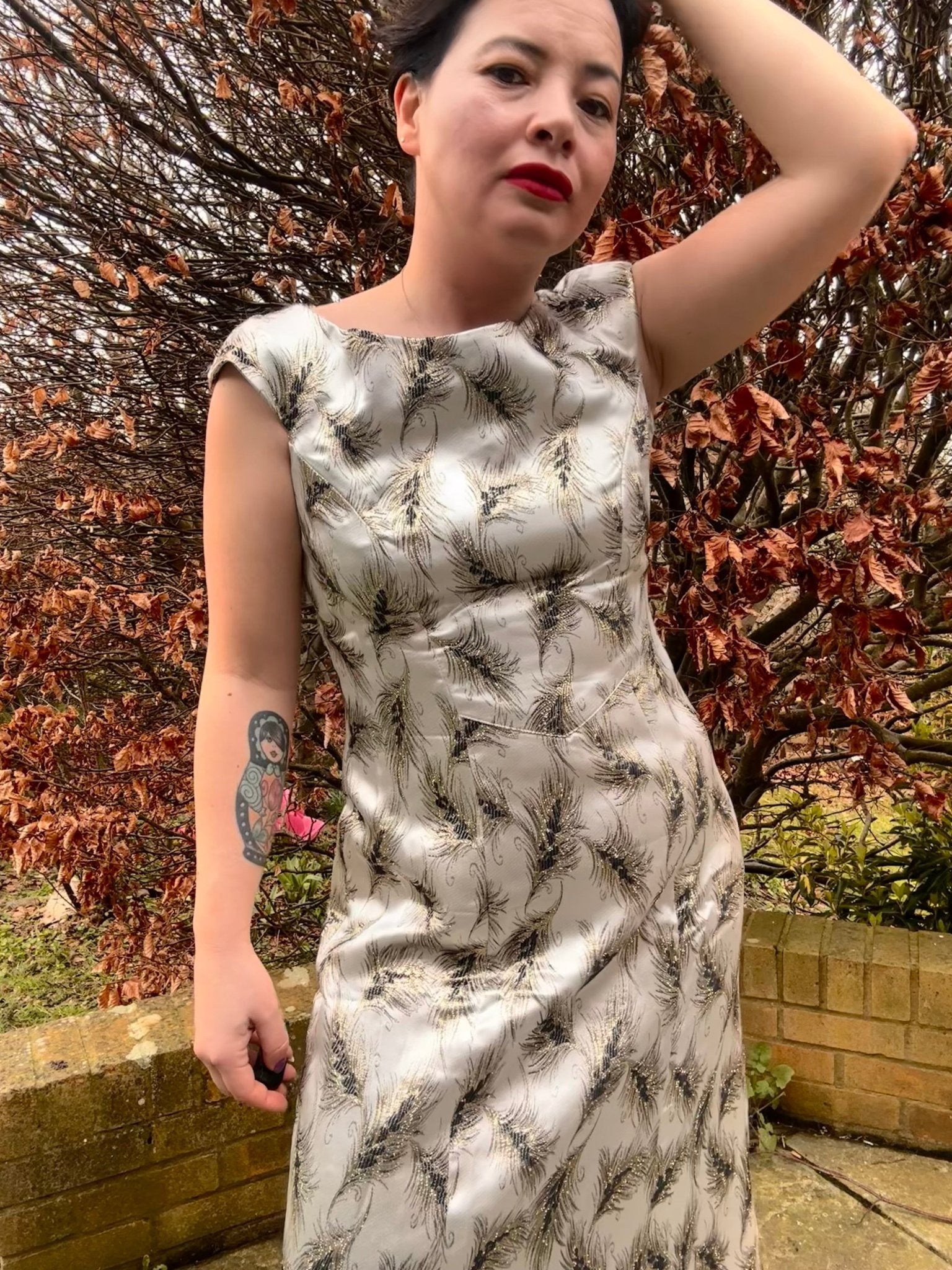Vintage Silver Brocade Cocktail Dress with Feather Motif - I'd Wear That