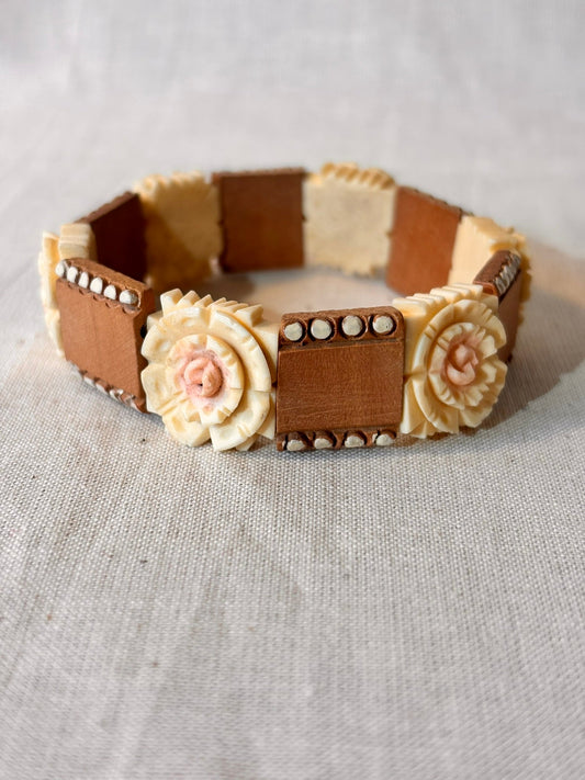 Vintage Wooden Bracelet with Carved Rose Detail - I'd Wear That